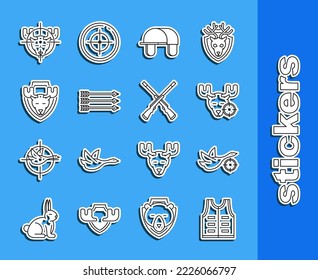 Set line Hunting jacket, on duck with crosshairs, moose, Hunter hat, Hipster arrows, Moose head shield,  and Two crossed shotguns icon. Vector