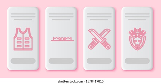 Set line Hunting jacket, Trap hunting, Crossed hunter knife and Deer head with antlers on shield. White rectangle button. Vector