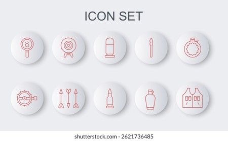 Set Linie Jagdjacke, Fallenjagd, Kugel, Kantine Wasserflasche, Pfotensuche, Zielsport, Hipster Pfeile und Symbol. Vektorgrafik