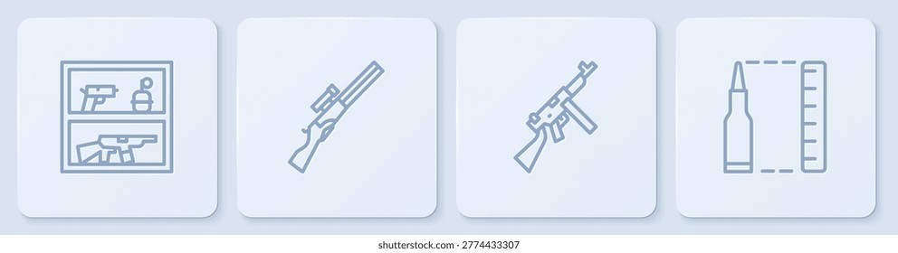 Set line Hunting shop weapon, Tommy gun,  and Bullet. White square button. Vector