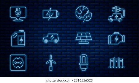 Set line Hydroelectric dam, Check engine, Earth globe and leaf, Electric car, Eco fuel canister, plug, Solar energy panel and Battery icon. Vector