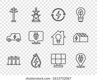 Set line Hydroelectric dam, Electric plug, Recharging, Water energy, tower, Solar panel and  icon. Vector
