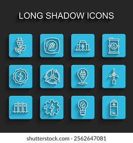 Set line Hydroelectric dam, Gear and lightning, Electric saving plug leaf, Light bulb with, Battery, Wind turbine,  and  icon. Vector