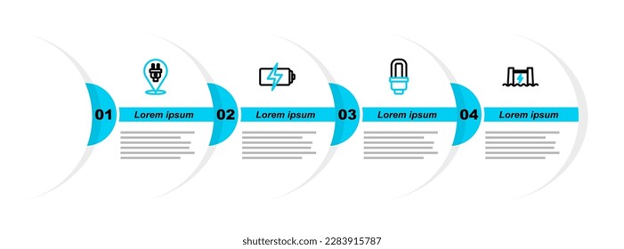 Fijar línea Represa hidroeléctrica, bombilla LED, Batería e icono de enchufe eléctrico. Vector