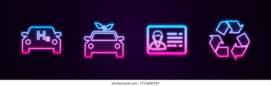 Definir linha Hidrogênio carro, Eco unidade conceito, distintivo de identificação e símbolo de reciclagem. Ícone de néon brilhante. Vetor