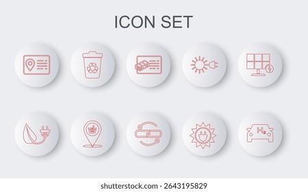 Set line Hydrogen car, Electric saving plug in leaf, Financial document, Solar energy panel, Address book, Recycle bin with recycle, Location shopping basket and Chain link line icon. Vector
