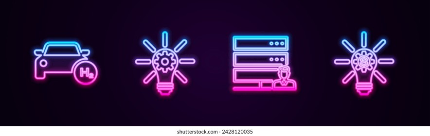 Fijar línea Coche de hidrógeno, Bombilla con engranaje, Servidor de atención al cliente y . Icono de neón brillante. Vector