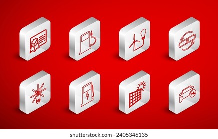 Fijar la línea Vehículo de hidrógeno, gasolinera o gasolinera, Bombilla de luz con turbina eólica, Línea de enlace de cadena, Panel de energía solar y sol, Plantilla de certificado, Cargador eléctrico e icono de engranaje. Vector