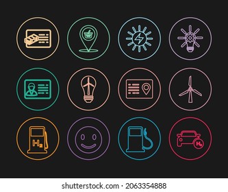 Set line Hydrogen car, Wind turbine, Solar energy panel, Light bulb with wind, Identification badge, Financial document, Address book and Location shopping basket icon. Vector