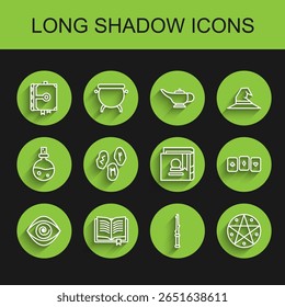 Set line Hypnosis, Ancient magic book, Magic wand, Pentagram in circle, runes, Playing cards and  icon. Vector