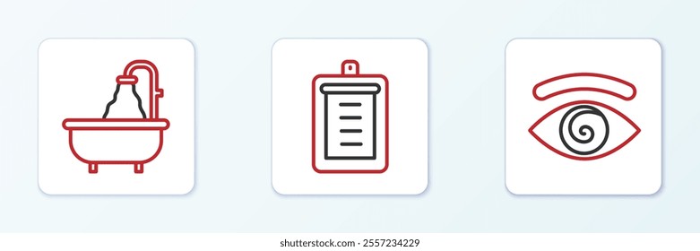 Set line Hypnosis, Bathtub and Clipboard with checklist icon. Vector