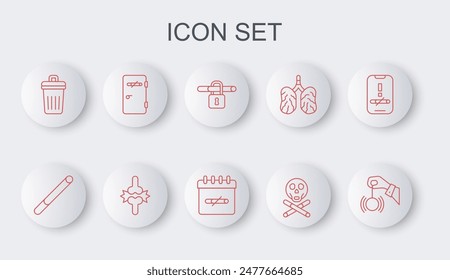 Set line Hypnosis, Cigarette, No smoking, Bones and skull, Trash can, area, Joint pain, knee pain and days icon. Vector