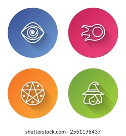 Set line Hypnosis, Fireball, Pentagram in circle and Witch. Color circle button. Vector