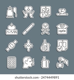 Set line Hypnosis, Lungs x-ray diagnostics, Disease lungs, Cigarette, Heartbeat increase, Hookah and Bones and skull icon. Vector