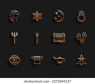 Set line Hypnosis, Magician hat, fog or smoke, lamp Aladdin, Wizard warlock, wand, runes and Ancient magic book icon. Vector