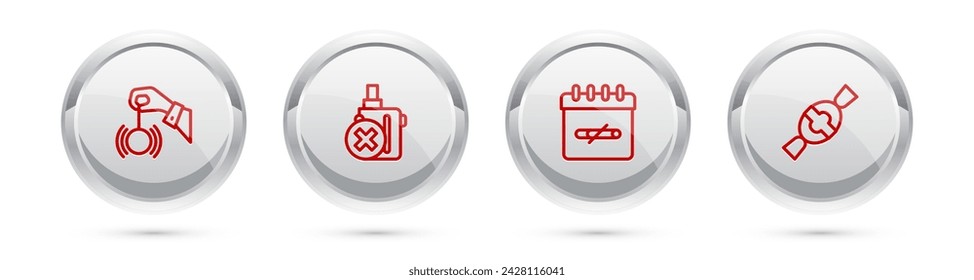 Set line Hypnosis, No electronic cigarette, smoking days and Candy. Silver circle button. Vector