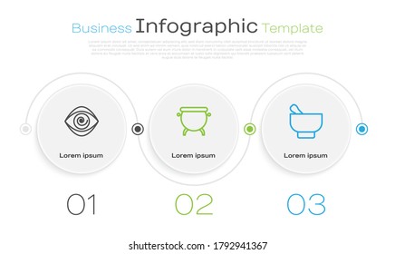 Set line Hypnosis, Witch cauldron and Magic mortar and pestle. Business infographic template. Vector