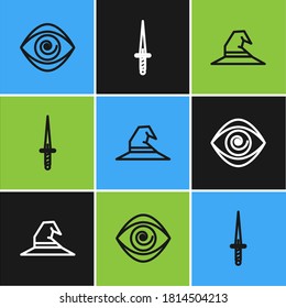 Set line Hypnosis, Witch hat and Dagger icon. Vector