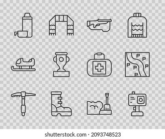 Fijar línea Ice ax, cámara de acción, rifle Biathlon, funda de goma impermeable, contenedor Thermos, copa de premio, esquisto de palas e icono de localización de la ruta. Vector