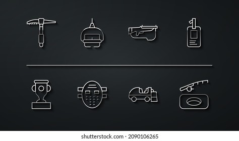 Set line Ice axe, Award cup, Identification badge, resurfacer, Hockey mask, Ski lift, Winter fishing and Biathlon rifle icon. Vector