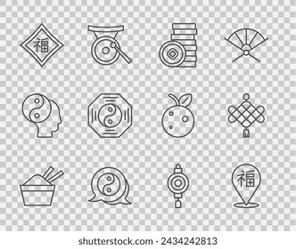 Set line ice in a bowl with chopstick, Chinese New Year, Yuan currency, Yin Yang symbol, paper lantern and  icon. Vector