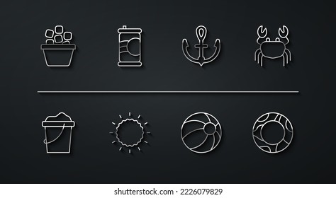 Fija la línea Ice bucket, Sand in, Crab, Beach ball, Sun, Soda can, Rubber natation ring and Anchor icon. Vector