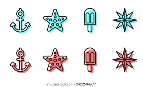 Set line Ice cream, Anchor, Starfish and Wind rose icon. Vector