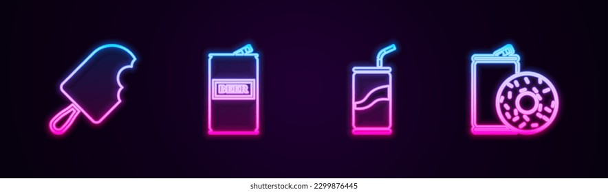 Set line Ice cream, Beer can, Soda with drinking straw and Aluminum soda and donut. Glowing neon icon. Vector