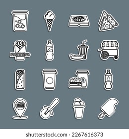 Set line Ice cream, Bottle of water, Fast street food cart, Pizza in cardboard box, Burrito, Glass with and Soda and hotdog icon. Vector