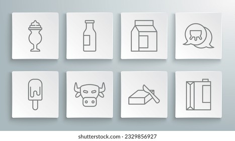 Set line Ice cream, Bottle with milk, Cow head, Butter in butter dish, Paper package for kefir, Udder and Milkshake icon. Vector