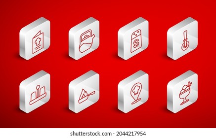 Set line Ice cream in bowl, Kettle with handle, Salt, Pizza knife, Chef hat location, Cookbook, Frying pan and pepper icon. Vector
