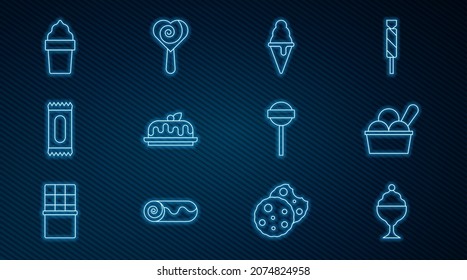 Set line Ice cream in bowl, waffle cone, Cake, Candy, Lollipop and  icon. Vector