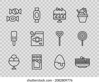 Set line Ice cream in bowl, Stack of pancakes, Cake on plate, Chocolate bar, Candy, packaging for sweets, egg and Lollipop icon. Vector