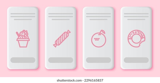 Set line Ice cream in bowl, Candy, Apple and Donut. White rectangle button. Vector