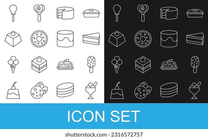Set line Ice cream in bowl, Piece of cake, Cake, Donut, Brownie chocolate, Lollipop and  icon. Vector