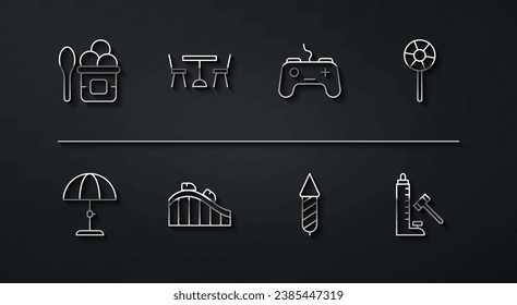 Set Linie Eis in Schüssel, Sonnenschutzschirm, Lollipop, Feuerwerkskörper, Roller Coaster, Picnic-Tisch mit Stühlen, Striker Attraktionshammer und Gamepad Symbol. Vektorgrafik