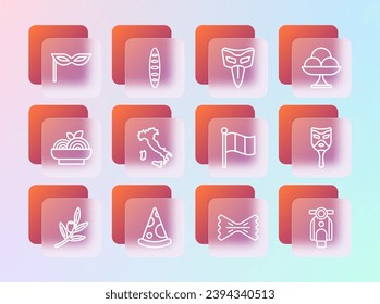 Set line Ice cream in the bowl, Slice of pizza, Flag Italy, Macaroni, Map, Carnival mask,  and French baguette bread icon. Vector