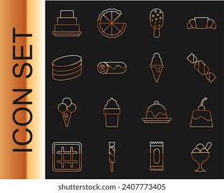 Set-Linie Eis in Schüssel, Pudding-Custard, Candy, Schokoladenkuchen, Brownie Schokolade, Kuchen und Waffelkegel Symbol. Vektorgrafik