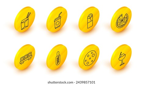 Set line Ice cream in bowl, Cookie or biscuit, Hotdog sandwich, Sushi on cutting board, Pizza, Doner kebab, Paper glass with straw and Asian noodles chopsticks icon. Vector