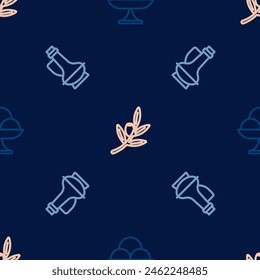 Set line Ice cream in the bowl, Bottle of olive oil and Olives branch on seamless pattern. Vector