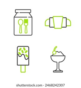 Set line Ice cream in bowl, Croissant and Online ordering and delivery icon. Vector
