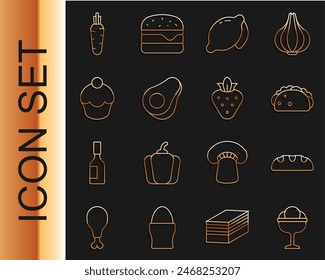 Set line Ice cream in the bowl, Bread loaf, Taco with tortilla, Lemon, Avocado fruit, Muffin, Carrot and Strawberry icon. Vector