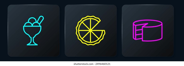 Set line Ice cream in bowl, Cake and Homemade pie. Black square button. Vector