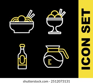 Set line Ice cream in bowl, Coffee pot, Wine bottle and Asian noodles icon. Vector