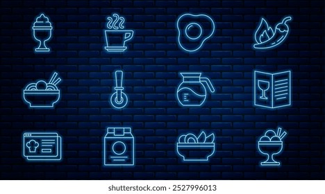 Set line Ice cream in bowl, Restaurant cafe menu, Scrambled eggs, Pizza knife, Asian noodles, Coffee pot and cup icon. Vector