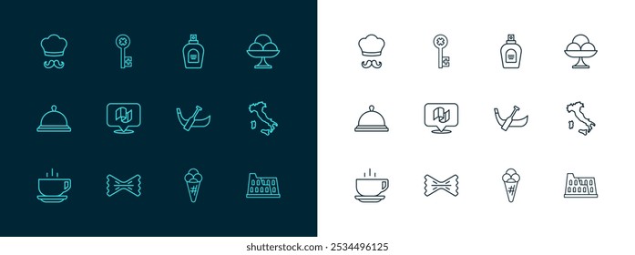 Set line Ice cream in the bowl, Macaroni, Gondola boat, waffle, Flag Italy, Perfume, Italian cook and Old key icon. Vector