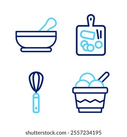 Set line Ice cream in bowl, Kitchen whisk, Cutting board and Mortar and pestle icon. Vector