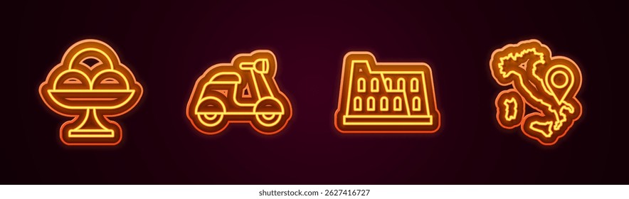 Set line Ice cream in the bowl, Scooter, Coliseum and Map of Italy. Glowing neon icon. Vector