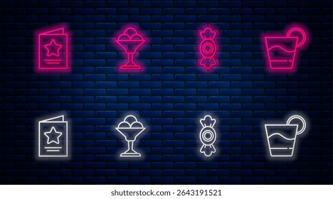Set line Ice cream in bowl, Candy, Greeting card and Cocktail. Glowing neon icon on brick wall. Vector
