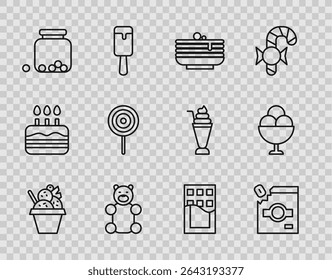 Set line Ice cream in bowl, Candy packaging for sweets, Stack of pancakes, Jelly bear candy, Glass jar with candies inside, Lollipop, Chocolate bar and  icon. Vector